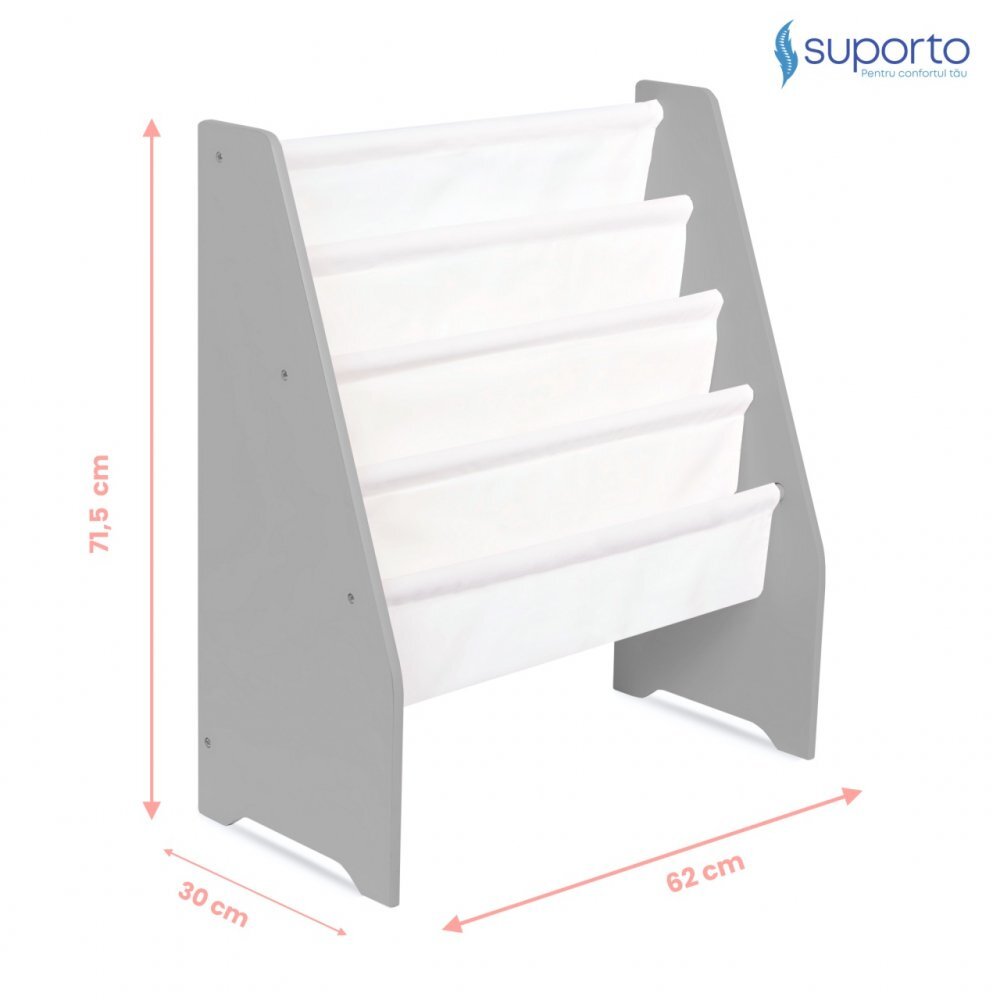 Suporto Raft de carti pentru copii Gri din lemn MDF organizator cu etajere din textil pentru depozitare jucarii carti si caiete 71.5 x 62 x 30 cm