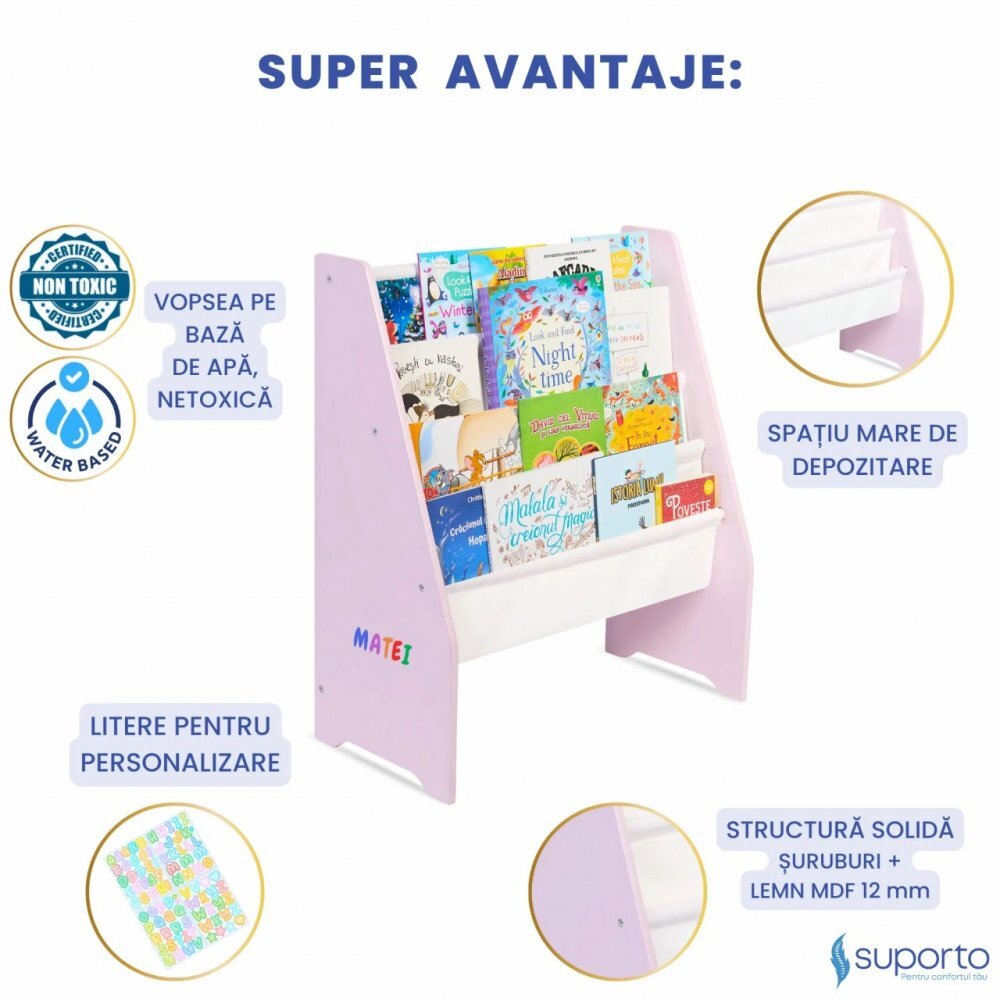 Suporto Raft de carti pentru copii Roz din lemn MDF organizator cu etajere din textil pentru depozitare jucarii carti si caiete 71.5 x 62 x 30 cm