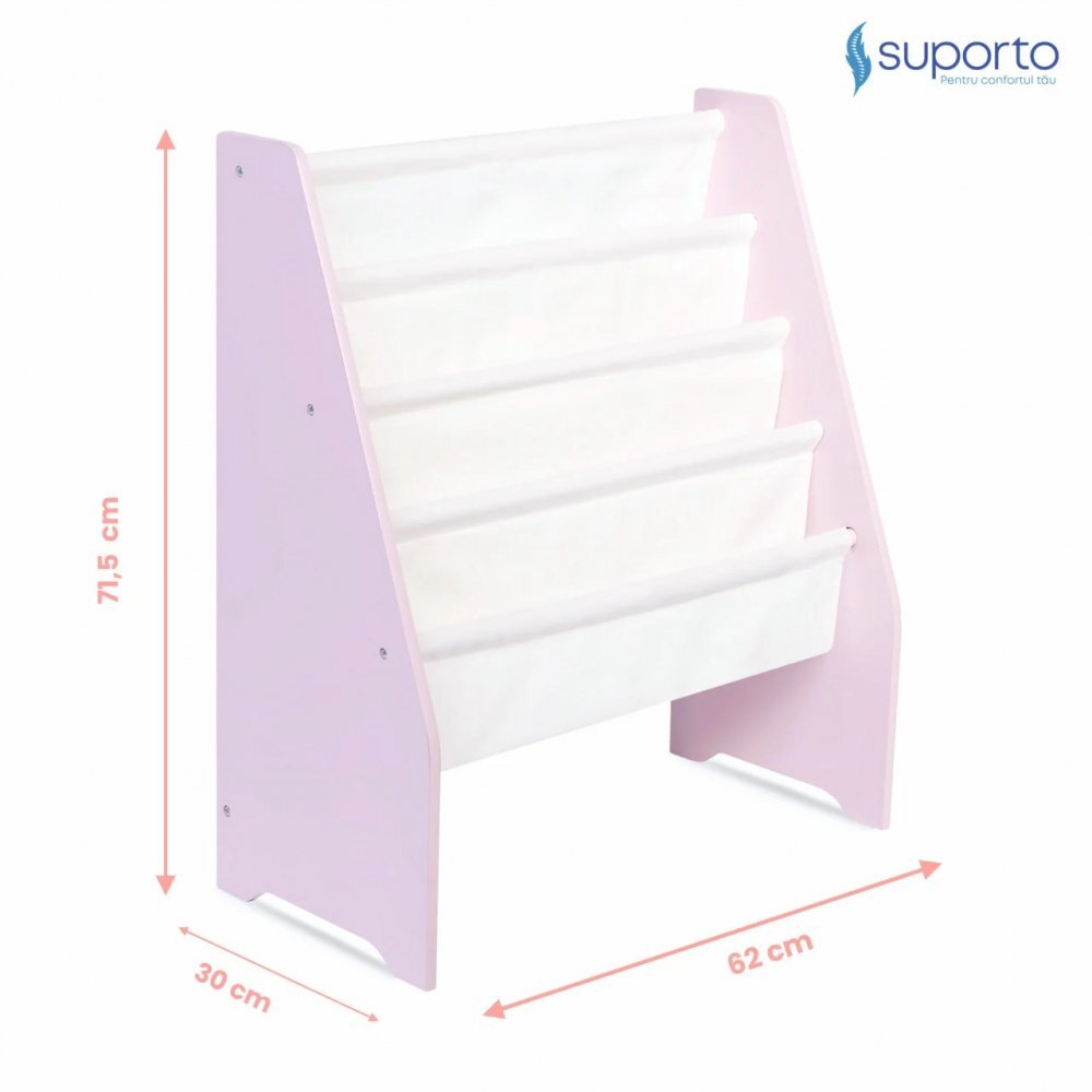 Suporto Raft de carti pentru copii Roz din lemn MDF organizator cu etajere din textil pentru depozitare jucarii carti si caiete 71.5 x 62 x 30 cm