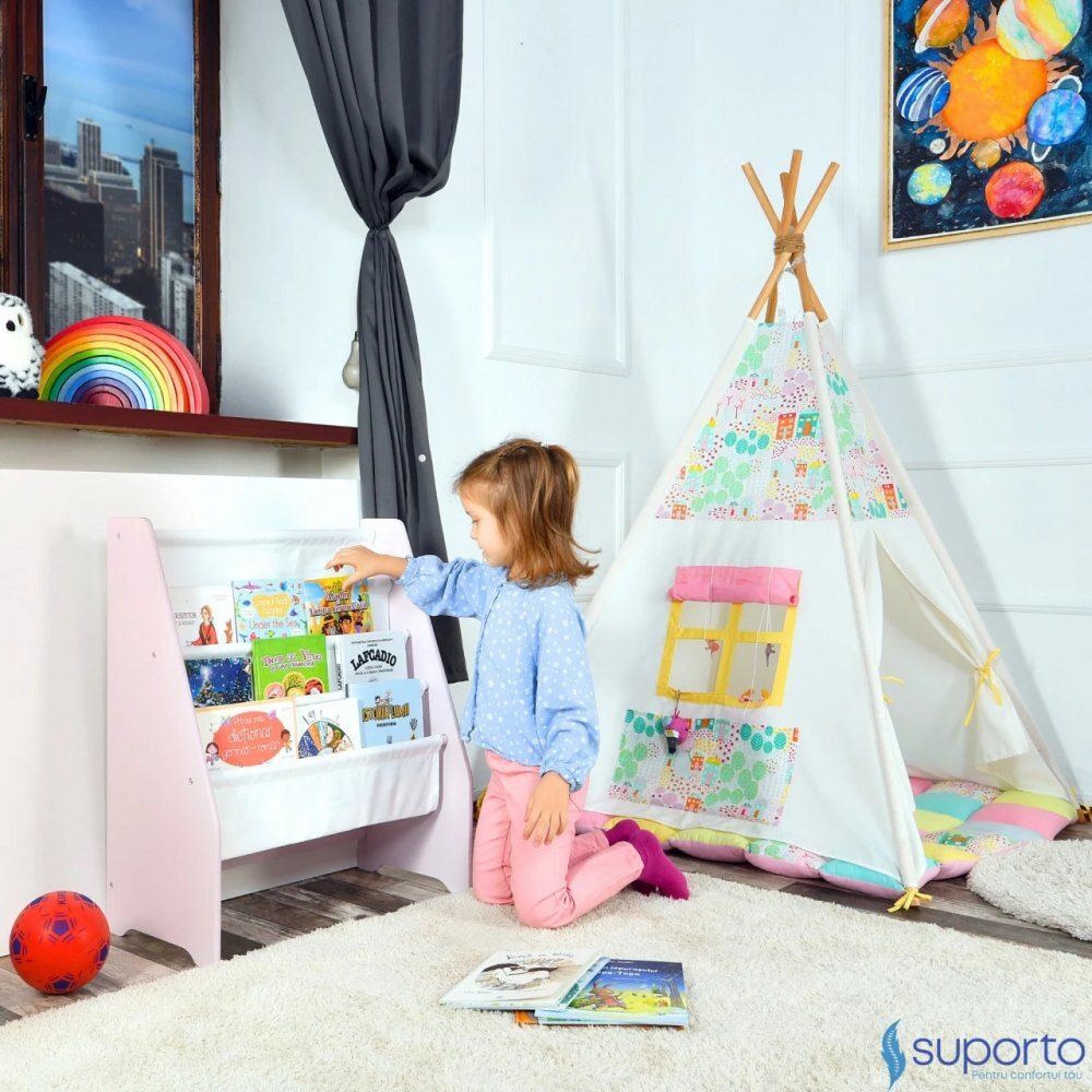 Suporto Raft de carti pentru copii Roz din lemn MDF organizator cu etajere din textil pentru depozitare jucarii carti si caiete 71.5 x 62 x 30 cm