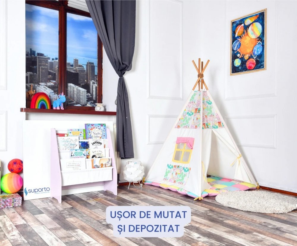 Suporto Raft de carti pentru copii Roz din lemn MDF organizator cu etajere din textil pentru depozitare jucarii carti si caiete 71.5 x 62 x 30 cm