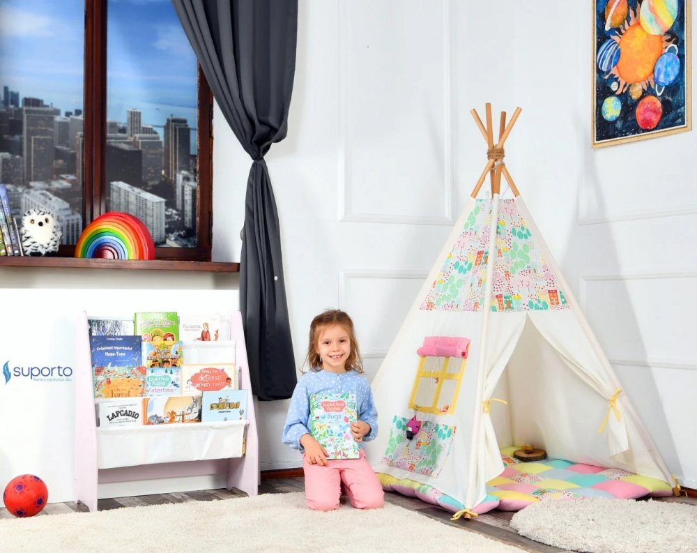 Suporto Raft de carti pentru copii Roz din lemn MDF organizator cu etajere din textil pentru depozitare jucarii carti si caiete 71.5 x 62 x 30 cm