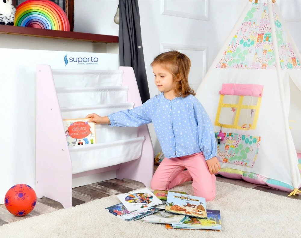 Suporto Raft de carti pentru copii Roz din lemn MDF organizator cu etajere din textil pentru depozitare jucarii carti si caiete 71.5 x 62 x 30 cm