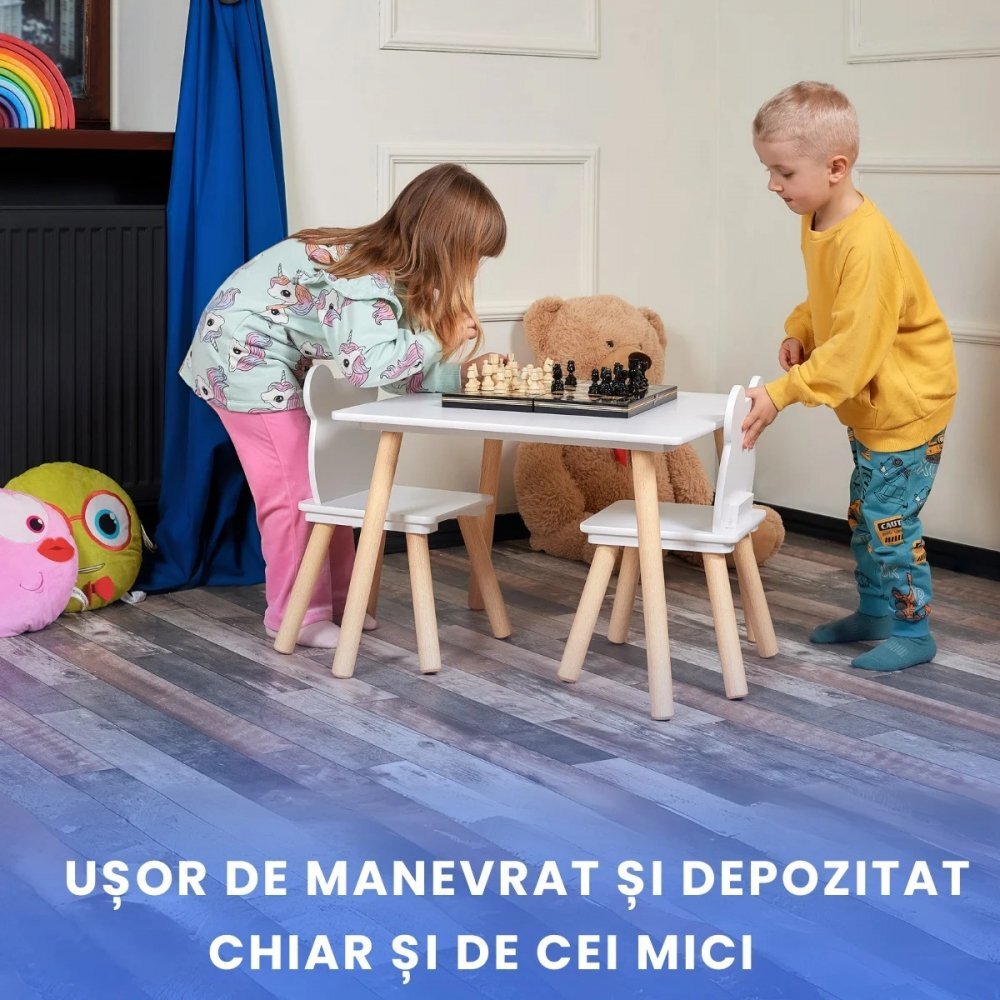 Suporto Set masa si 2 scaune pentru copii Alb din lemn MDF scaun in forma de ursulet varsta 3-6 ani cu margini rotunjite