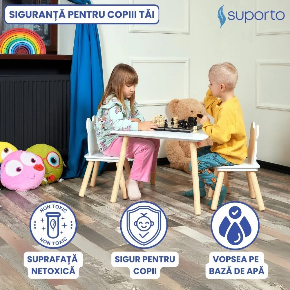 Suporto Set masa si 2 scaune pentru copii Alb din lemn MDF scaun in forma de ursulet varsta 3-6 ani cu margini rotunjite