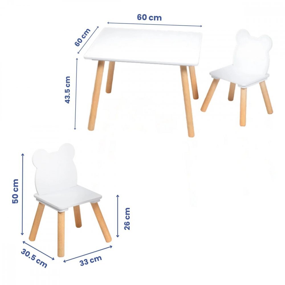 Suporto Set masa si 2 scaune pentru copii Alb din lemn MDF scaun in forma de ursulet varsta 3-6 ani cu margini rotunjite