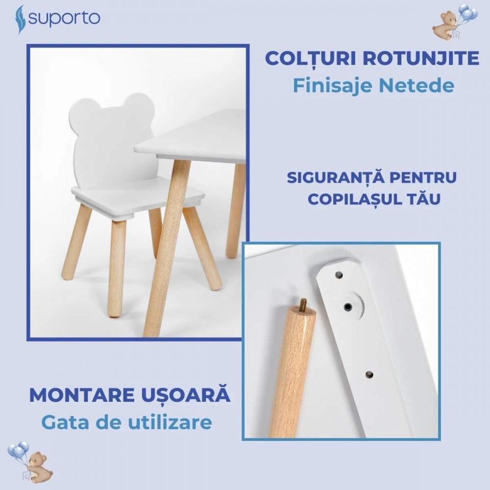 Suporto Set masa si 2 scaune pentru copii Alb din lemn MDF scaun in forma de ursulet varsta 3-6 ani cu margini rotunjite