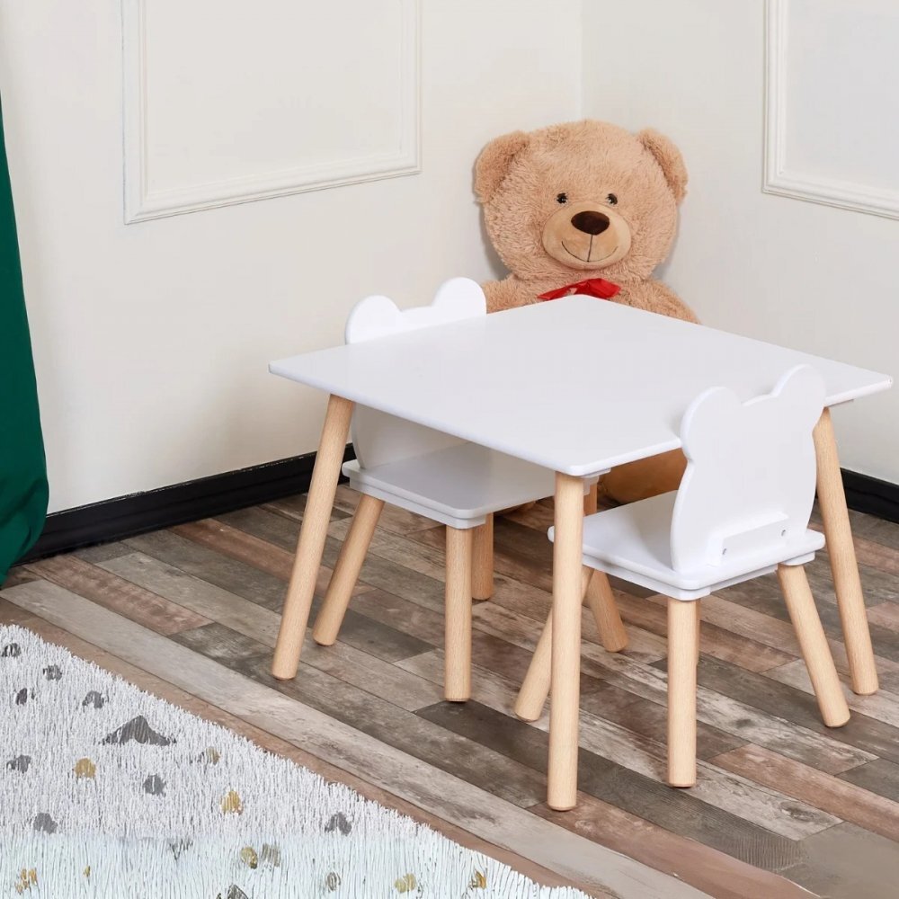 Suporto Set masa si 2 scaune pentru copii Alb din lemn MDF scaun in forma de ursulet varsta 3-6 ani cu margini rotunjite