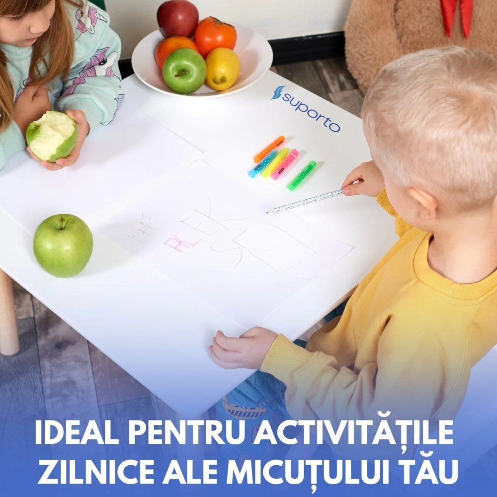 Suporto Set masa si 2 scaune pentru copii Alb din lemn MDF scaun in forma de ursulet varsta 3-6 ani cu margini rotunjite