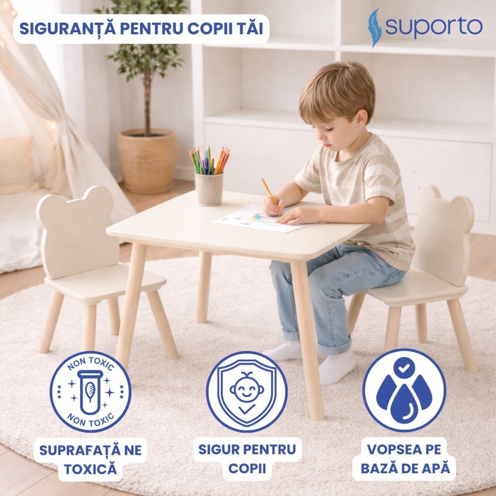 Suporto Set masa si 2 scaune pentru copii Crem din lemn MDF scaun in forma de ursulet varsta 3-6 ani cu margini rotunde