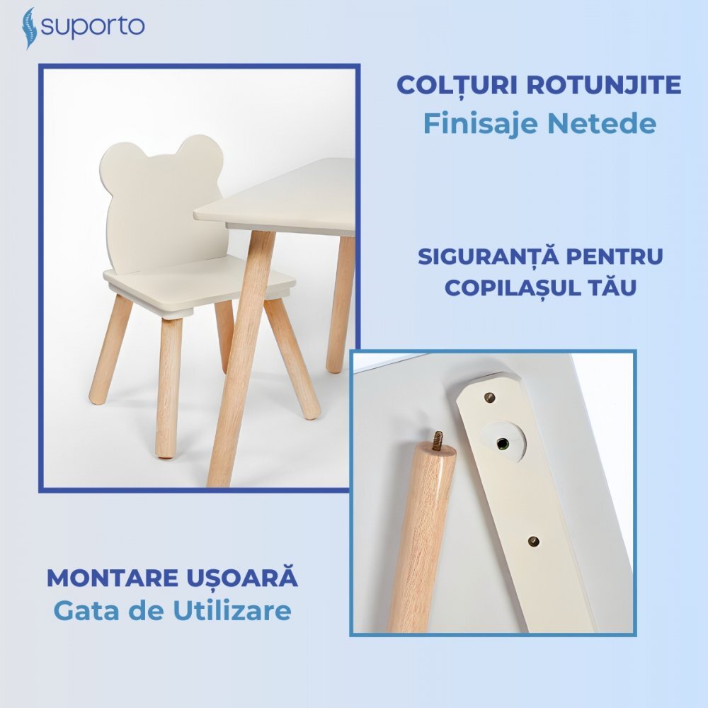 Suporto Set masa si 2 scaune pentru copii Crem din lemn MDF scaun in forma de ursulet varsta 3-6 ani cu margini rotunde
