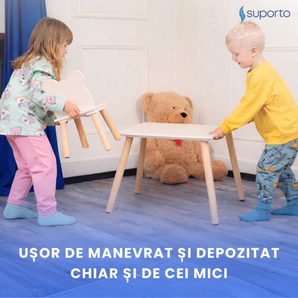 Suporto Set masa si 2 scaune pentru copii Crem din lemn MDF scaun in forma de ursulet varsta 3-6 ani cu margini rotunde