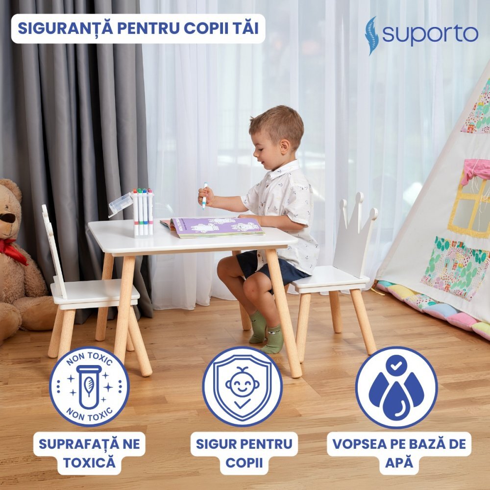Suporto Set masa si 2 scaune pentru copii Print si Printesa Alb din lemn MDF scaun in forma de coronita varsta 3-6 ani cu margini rotunjite