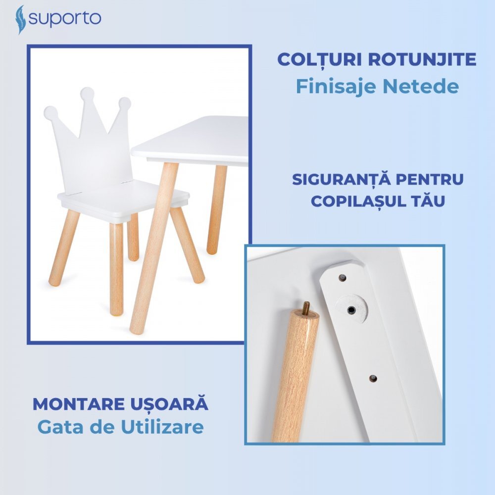 Suporto Set masa si 2 scaune pentru copii Print si Printesa Alb din lemn MDF scaun in forma de coronita varsta 3-6 ani cu margini rotunjite