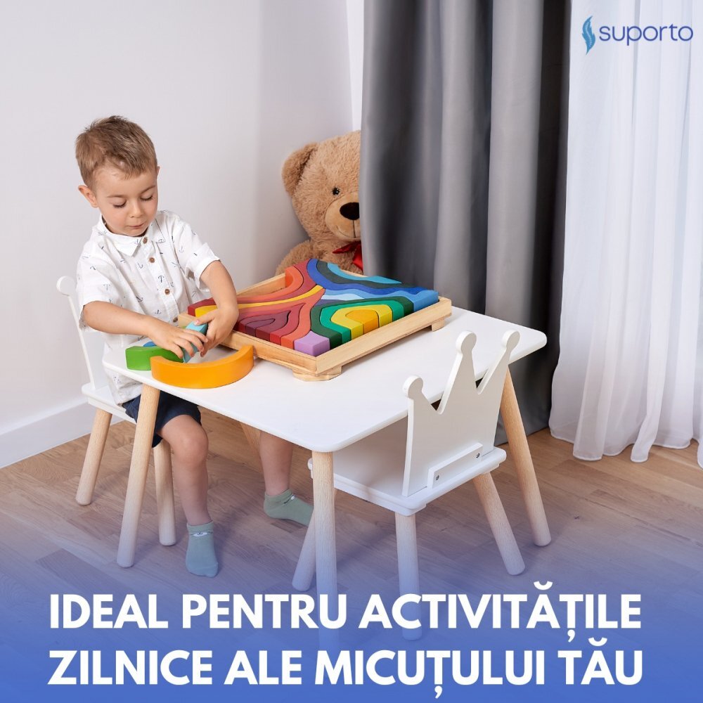 Suporto Set masa si 2 scaune pentru copii Print si Printesa Alb din lemn MDF scaun in forma de coronita varsta 3-6 ani cu margini rotunjite