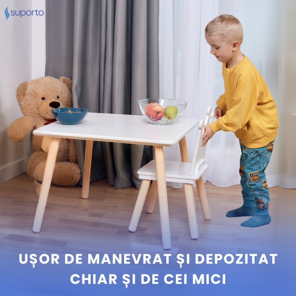 Suporto Set masa si 2 scaune pentru copii Print si Printesa Alb din lemn MDF scaun in forma de coronita varsta 3-6 ani cu margini rotunjite