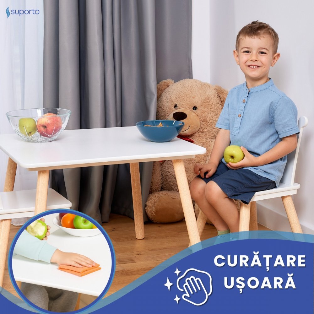 Suporto Set masa si 2 scaune pentru copii Print si Printesa Alb din lemn MDF scaun in forma de coronita varsta 3-6 ani cu margini rotunjite