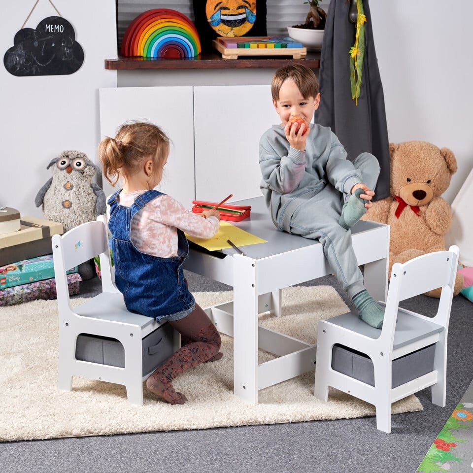 Suporto Set masuta cu 2 scaune pentru copii Alb Gri 3-6 ani cu rafturi pentru carti sertare depozitare organizator jucarii tabla de scris desenat studiat din MDF