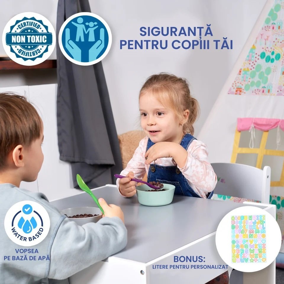 Suporto Set masuta cu 2 scaune pentru copii Alb Gri 3-6 ani cu rafturi pentru carti sertare depozitare organizator jucarii tabla de scris desenat studiat din MDF