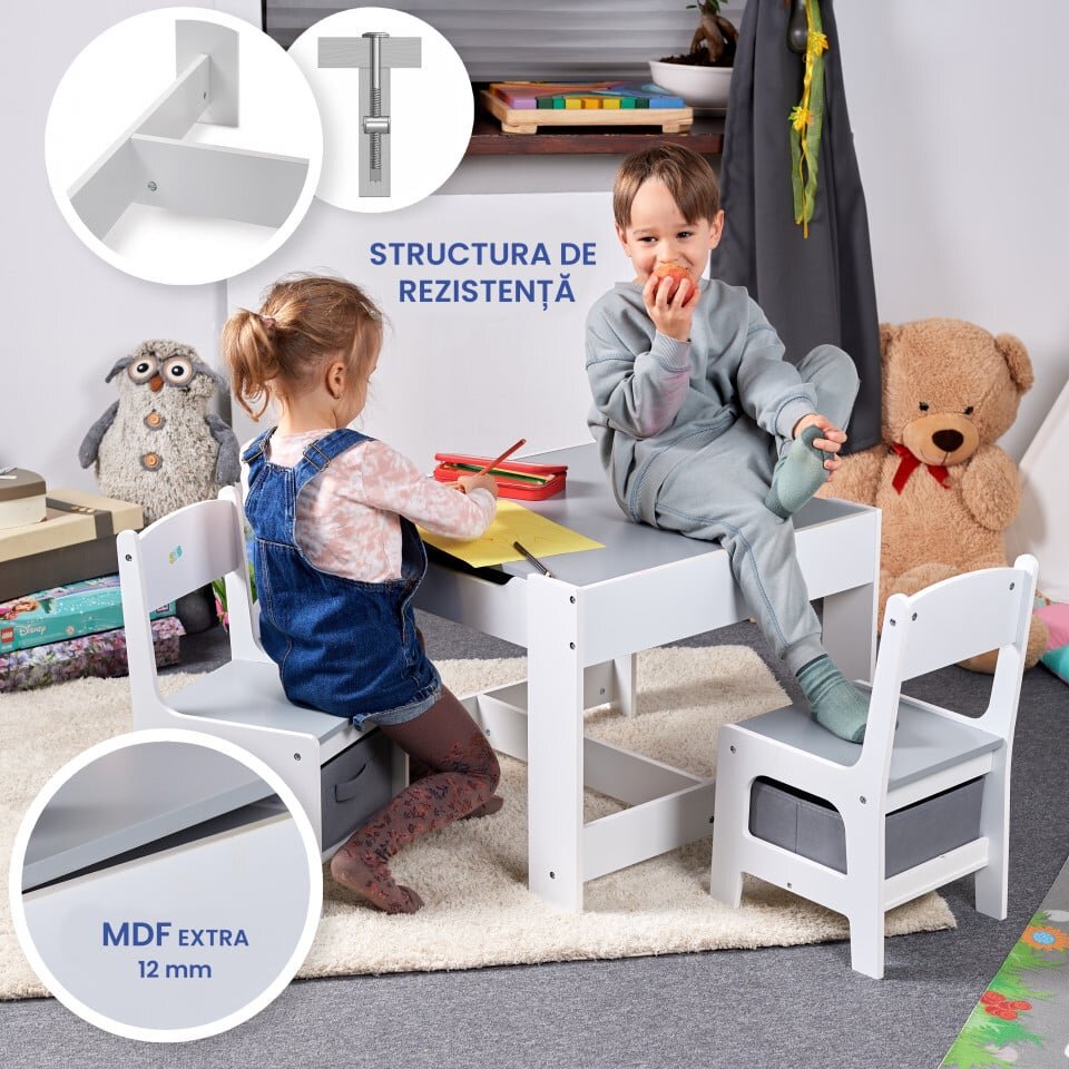 Suporto Set masuta cu 2 scaune pentru copii Alb Gri 3-6 ani cu rafturi pentru carti sertare depozitare organizator jucarii tabla de scris desenat studiat din MDF