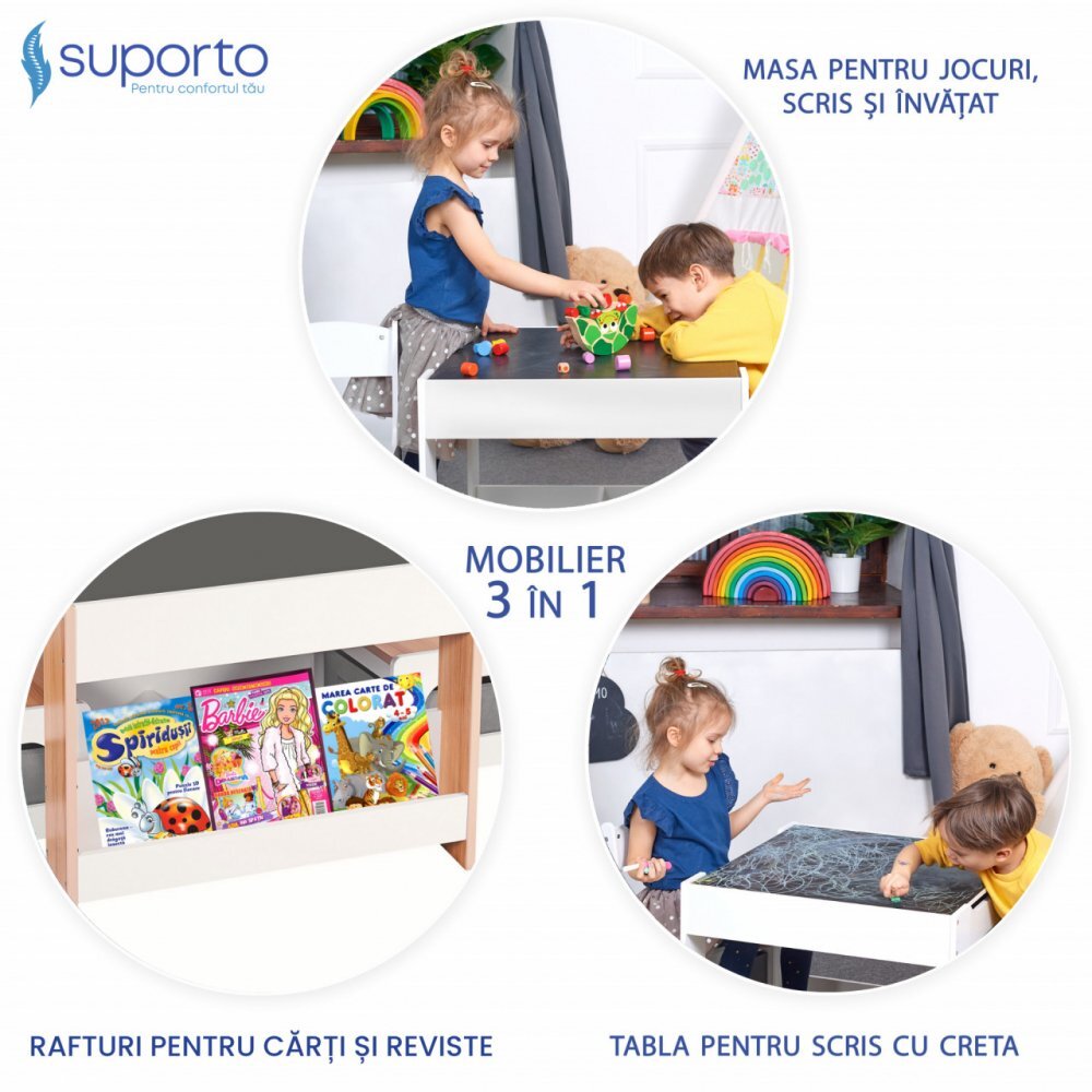 Suporto Set masuta cu 2 scaune pentru copii Alb Maro 3-6 ani cu rafturi pentru carti sertare depozitare organizator jucarii tabla de scris desenat studiat din MDF