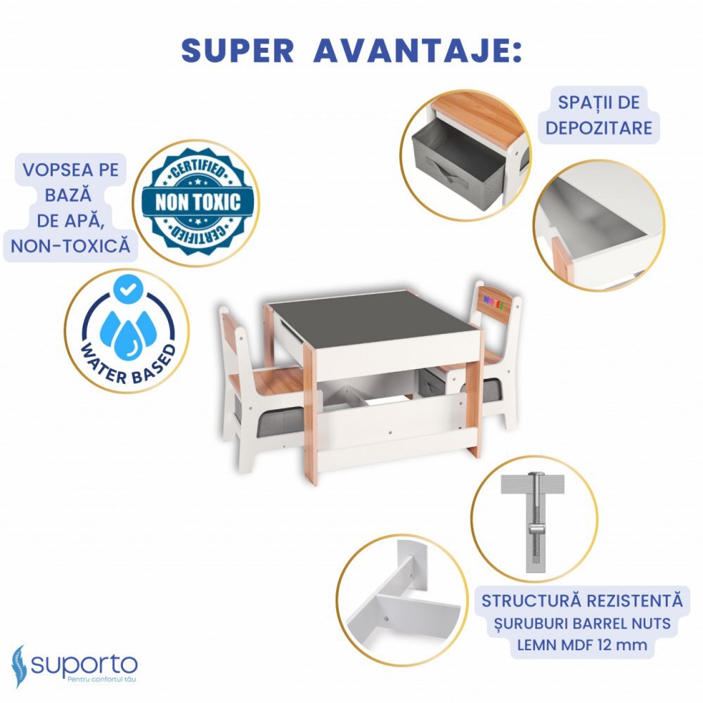 Suporto Set masuta cu 2 scaune pentru copii Alb Maro 3-6 ani cu rafturi pentru carti sertare depozitare organizator jucarii tabla de scris desenat studiat din MDF