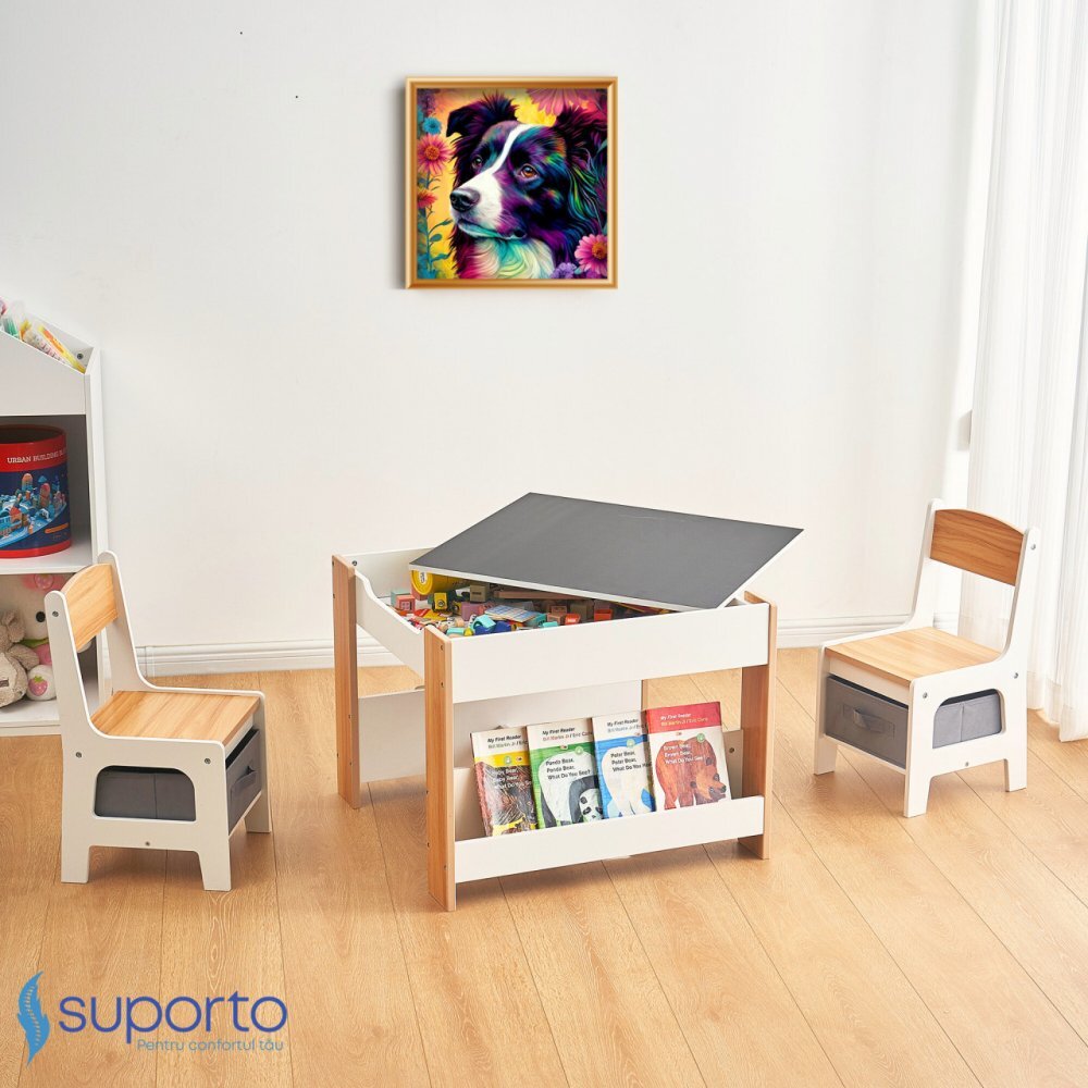 Suporto Set masuta cu 2 scaune pentru copii Alb Maro 3-6 ani cu rafturi pentru carti sertare depozitare organizator jucarii tabla de scris desenat studiat din MDF