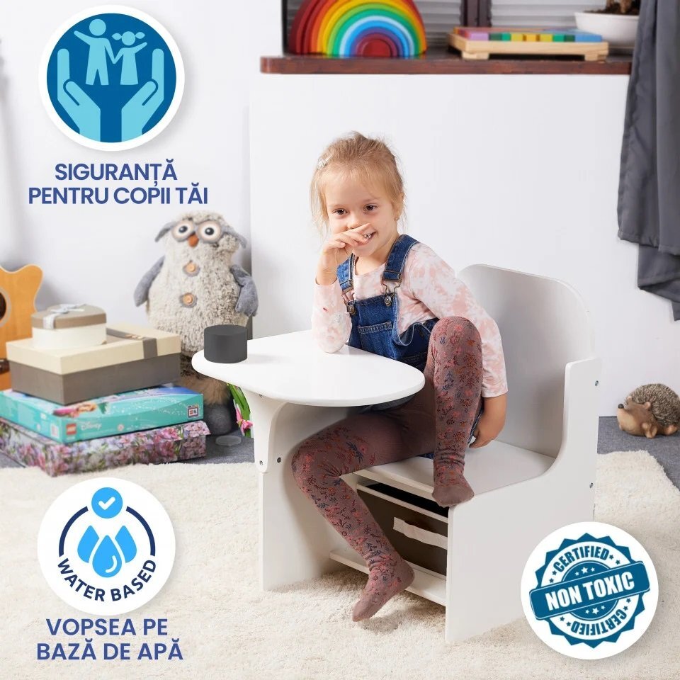 Suporto Set masuta cu scaun incorporat pentru copii 3 in 1 din lemn Mdf 3-6 ani alb-gri