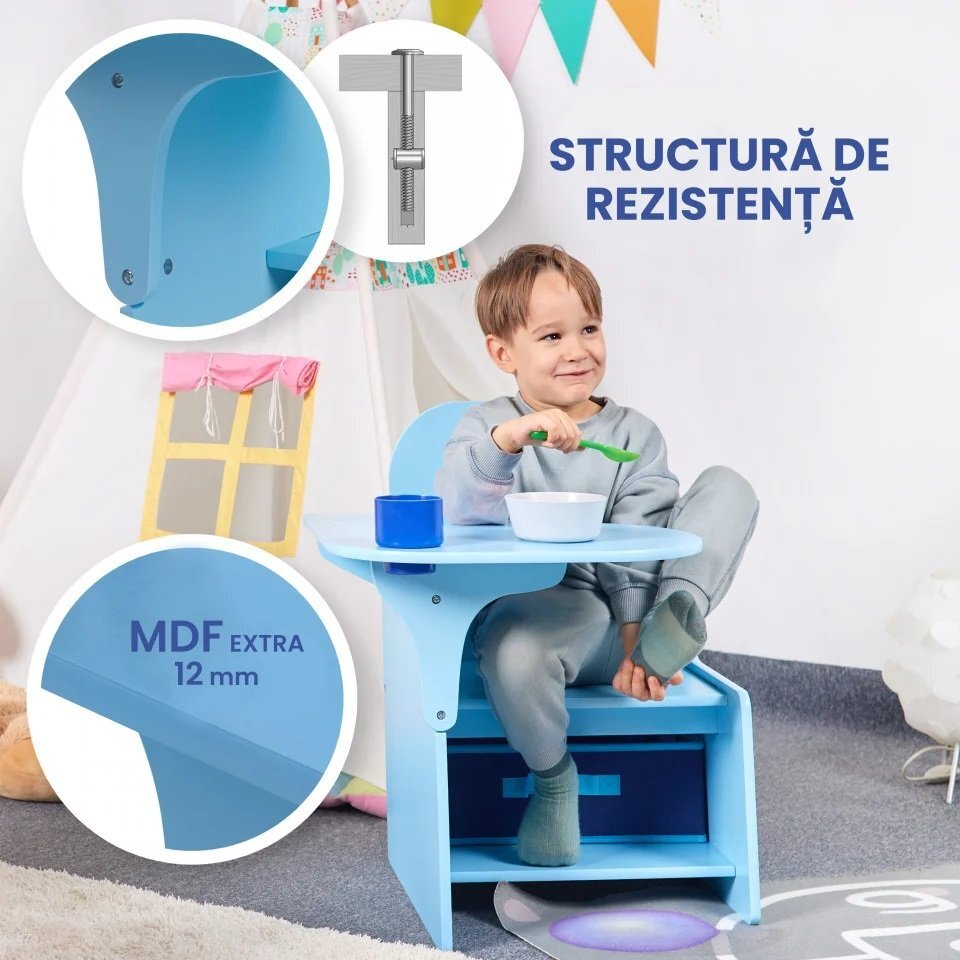 Suporto Set masuta cu scaun incorporat pentru copii 3 in 1 din lemn Mdf 3-6 ani albastru