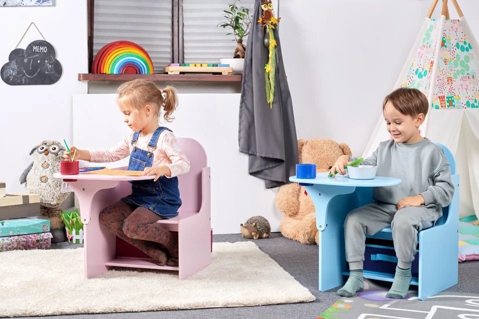 Suporto Set masuta cu scaun incorporat pentru copii 3 in 1 din lemn Mdf 3-6 ani albastru