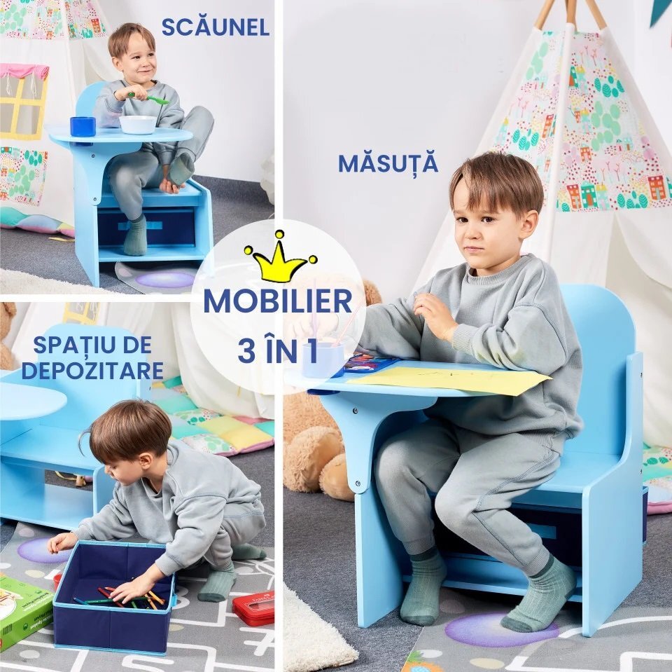 Suporto Set masuta cu scaun incorporat pentru copii 3 in 1 din lemn Mdf 3-6 ani albastru