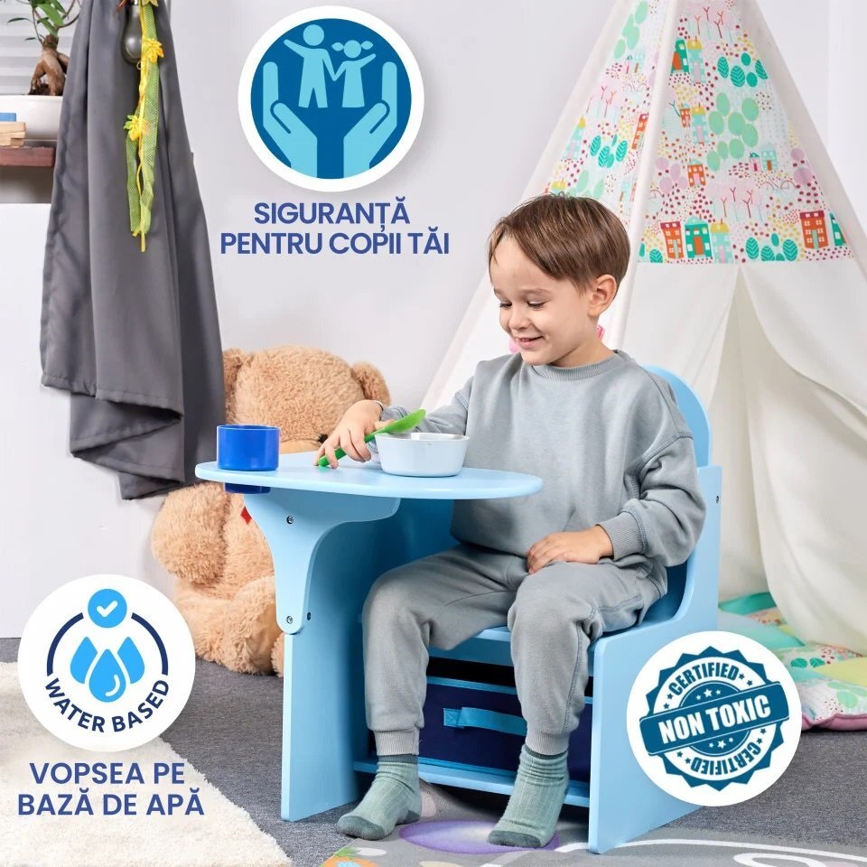 Suporto Set masuta cu scaun incorporat pentru copii 3 in 1 din lemn Mdf 3-6 ani albastru