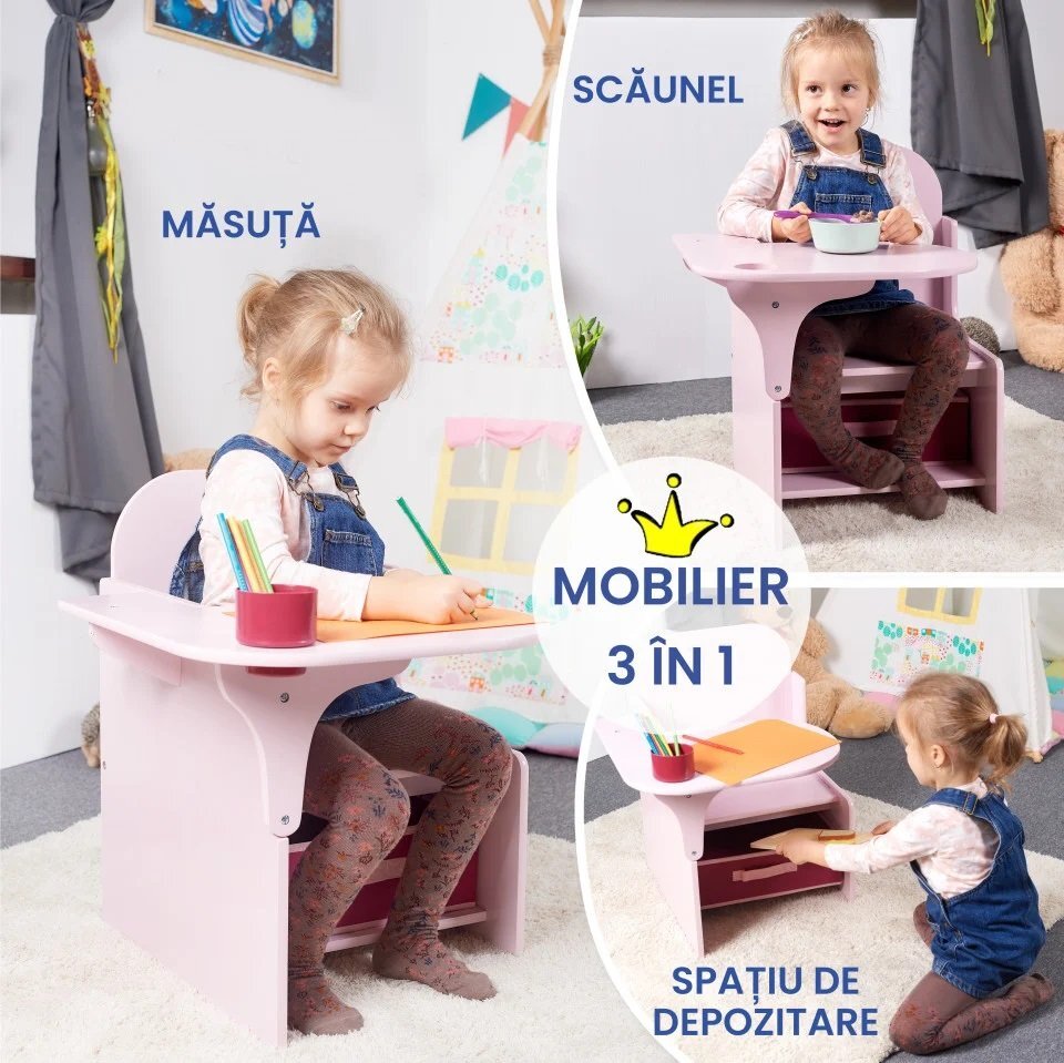 Suporto Set masuta cu scaun incorporat pentru copii 3 in 1 din lemn Mdf 3-6 ani roz