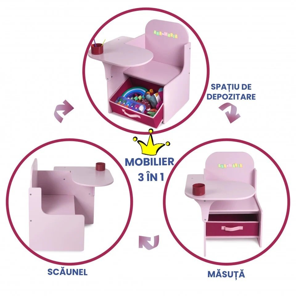 Suporto Set masuta cu scaun incorporat pentru copii 3 in 1 din lemn Mdf 3-6 ani roz