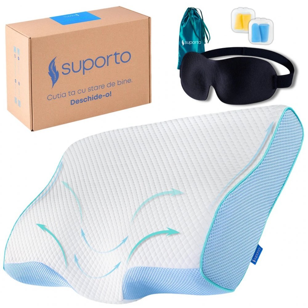 Suporto Set perna cervicala anatomica si ortopedica albastra + masca de dormit 3D cu saculet verde smarald