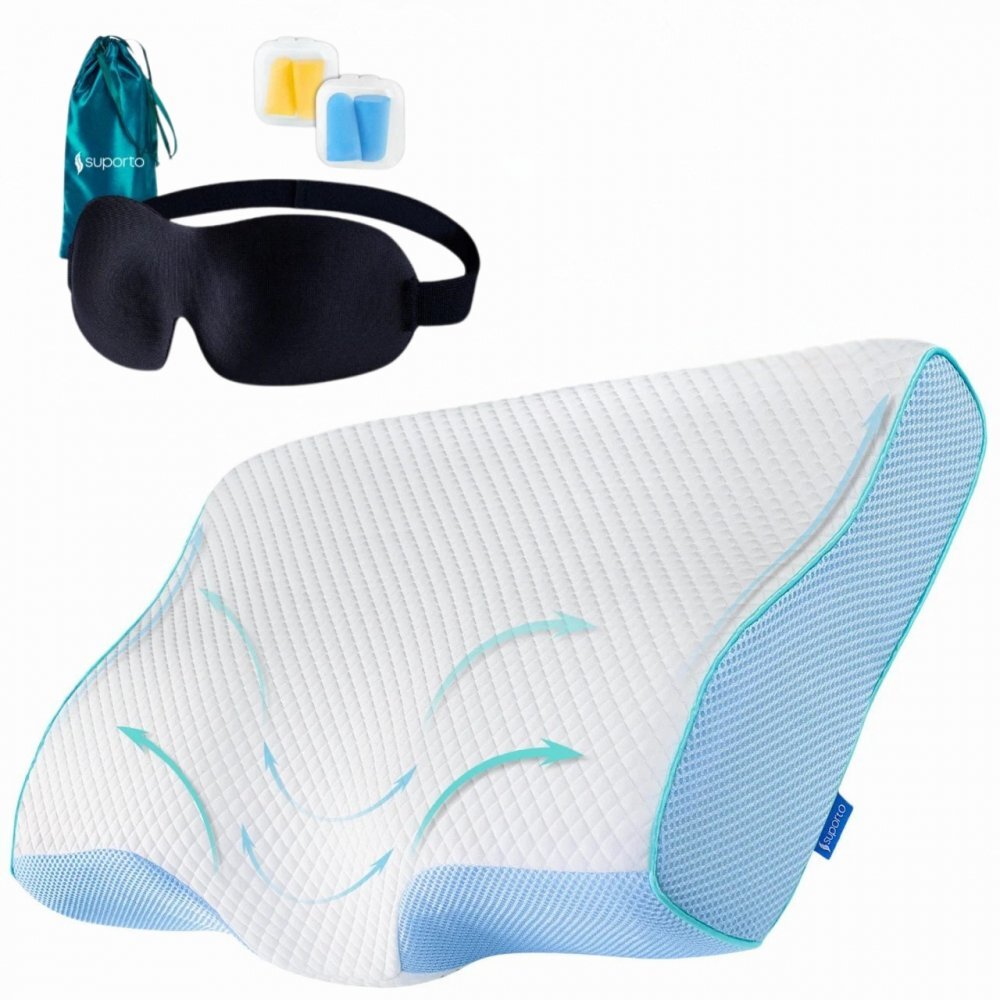 Suporto Set perna cervicala anatomica si ortopedica albastra + masca de dormit 3D cu saculet verde smarald