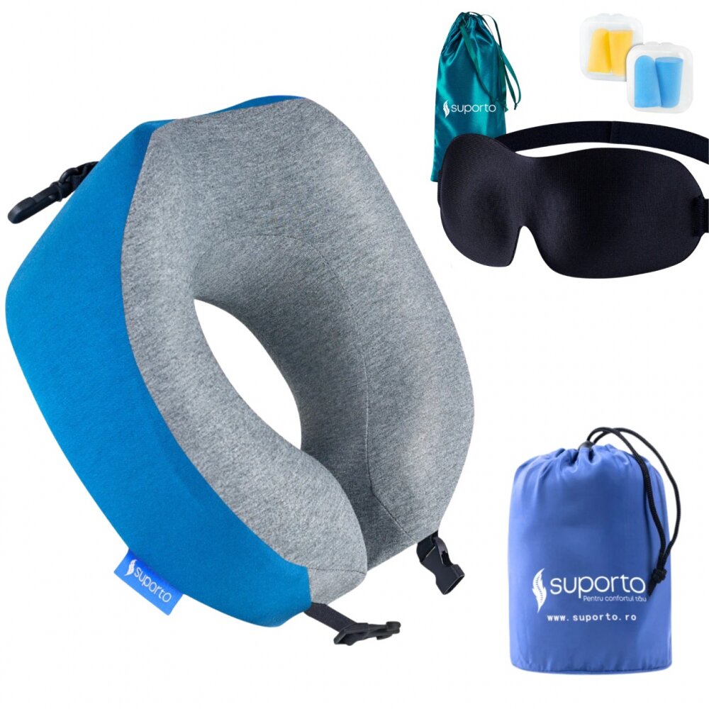 Suporto Set perna de calatorie albastra Travel Companion din spuma cu memorie si masca de dormit 3D cu saculet verde smarald