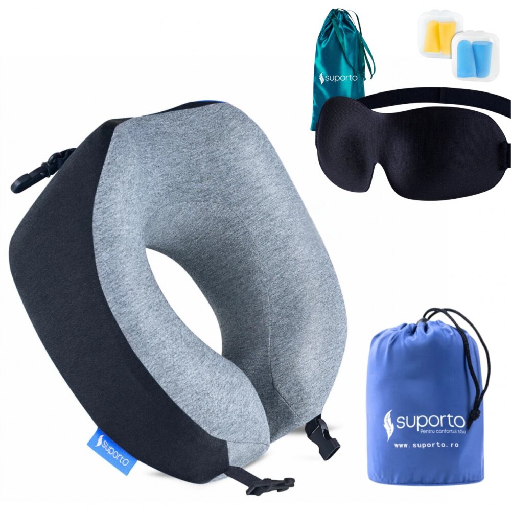Suporto Set perna de calatorie neagra Travel Companion din spuma cu memorie si masca de dormit 3D cu saculet verde smarald