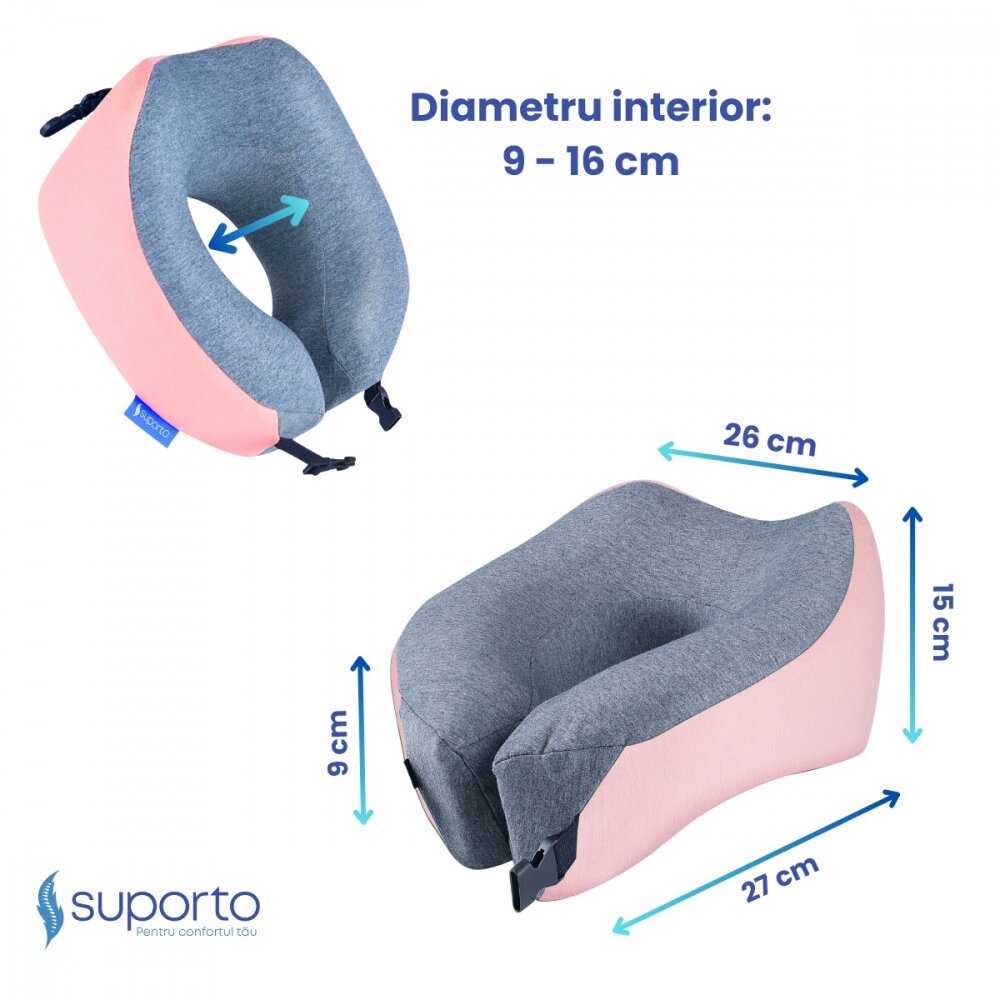 Suporto Set perna de calatorie roz Travel Companion din spuma cu memorie si masca de dormit 3D cu saculet roz peach