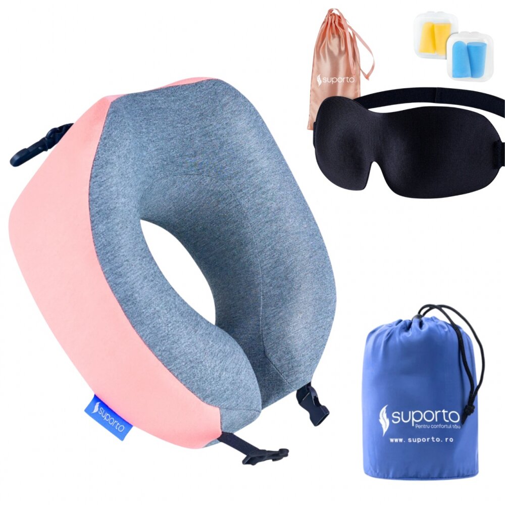 Suporto Set perna de calatorie roz Travel Companion din spuma cu memorie si masca de dormit 3D cu saculet roz peach