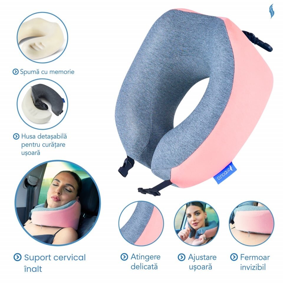 Suporto Set perna de calatorie roz Travel Companion din spuma cu memorie si masca de dormit 3D cu saculet roz peach
