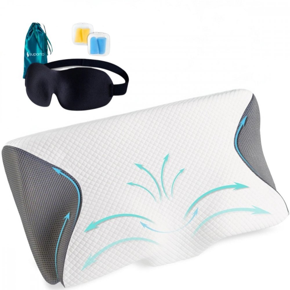 Suporto Set perna ortopedica cervicala pentru dormit cu extensii gri + masca de dormit 3D cu saculet verde smarald ideale pentru ochi obositi si un somn odihnitor