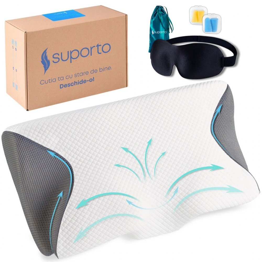 Suporto Set perna ortopedica cervicala pentru dormit cu extensii gri + masca de dormit 3D cu saculet verde smarald ideale pentru ochi obositi si un somn odihnitor