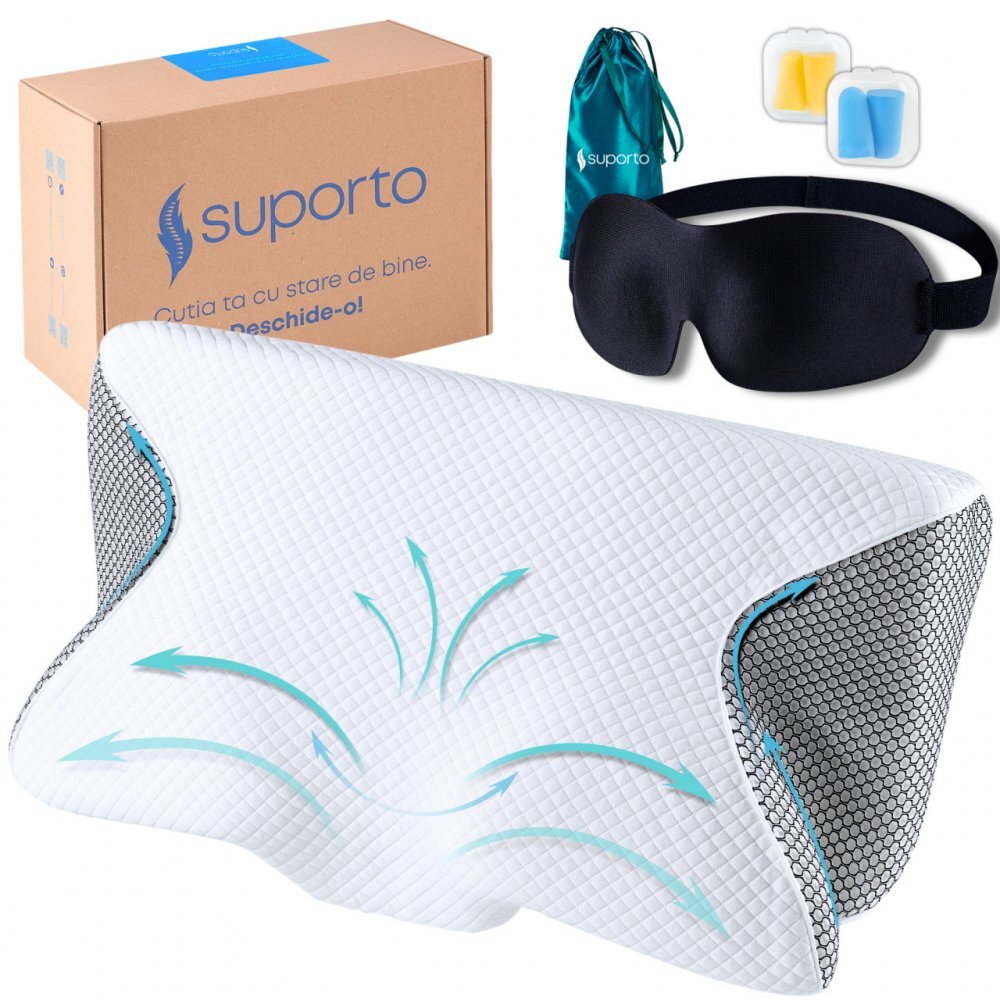Suporto Set perna ortopedica cervicala pentru dormit cu extensii negre + masca de dormit 3D cu saculet verde smarald ideale pentru ochi obositi si un somn odihnitor