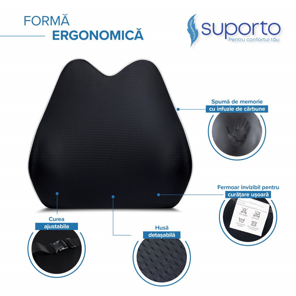 Suporto Set perna pentru sezut semi-colac si perna lombara confort negru