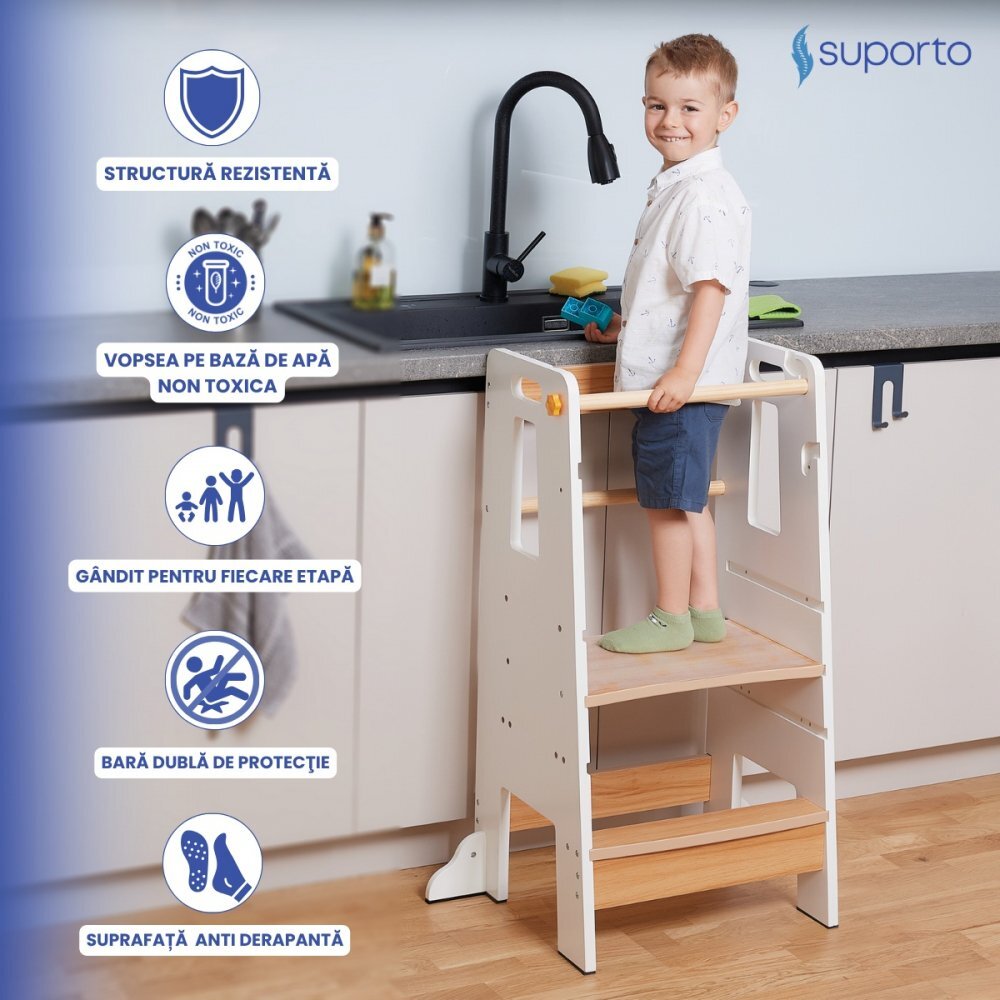 Suporto Turn de invatare tip Learning tower pentru copii AlbMaro rol de inaltator cu treapta de urcare reglabila antiderapanta si balustrade de protectie