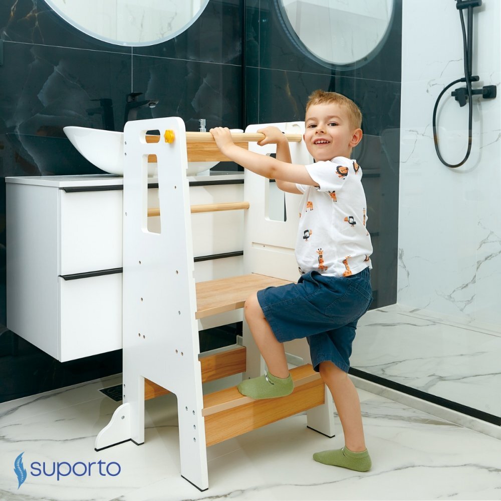 Suporto Turn de invatare tip Learning tower pentru copii AlbMaro rol de inaltator cu treapta de urcare reglabila antiderapanta si balustrade de protectie