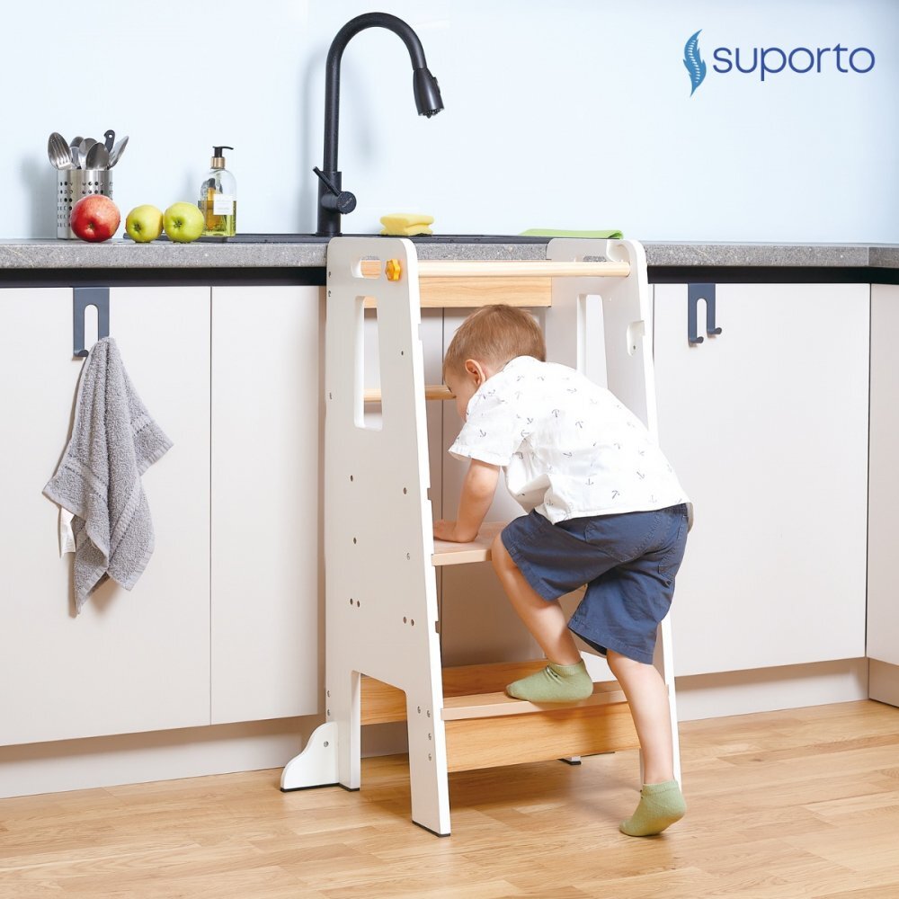 Suporto Turn de invatare tip Learning tower pentru copii AlbMaro rol de inaltator cu treapta de urcare reglabila antiderapanta si balustrade de protectie