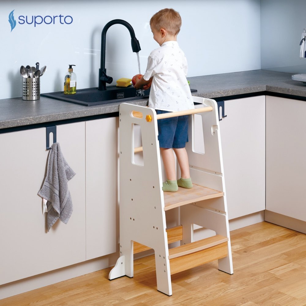 Suporto Turn de invatare tip Learning tower pentru copii AlbMaro rol de inaltator cu treapta de urcare reglabila antiderapanta si balustrade de protectie