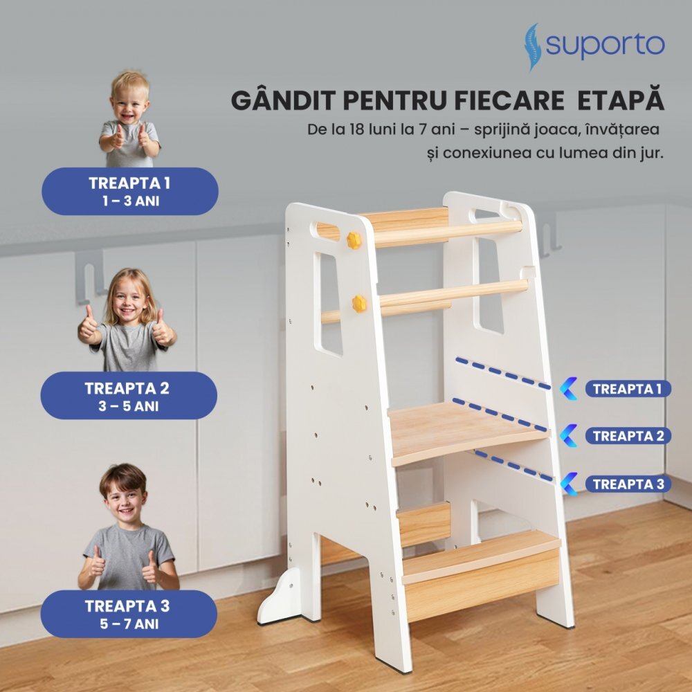 Suporto Turn de invatare tip Learning tower pentru copii AlbMaro rol de inaltator cu treapta de urcare reglabila antiderapanta si balustrade de protectie